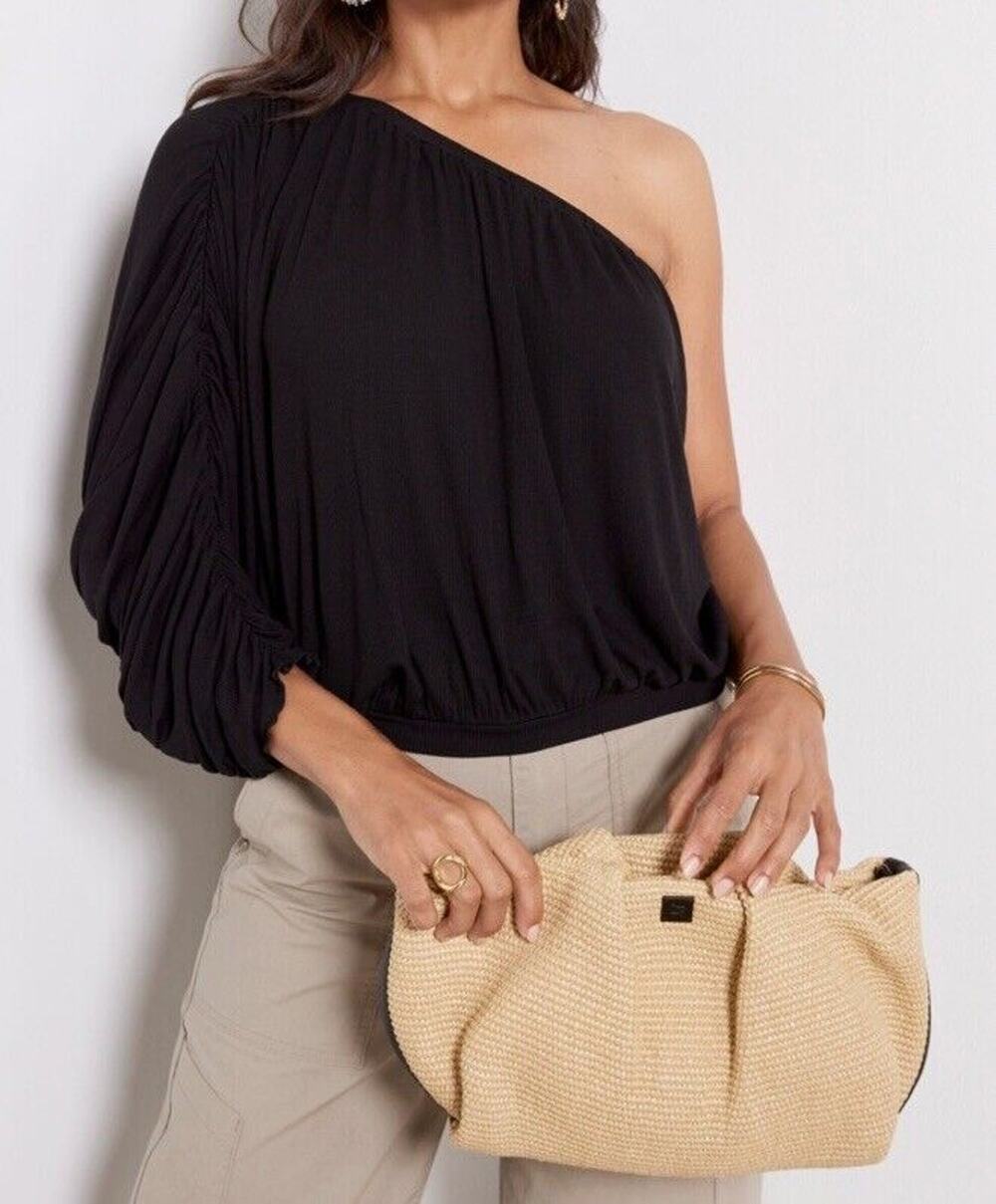 LNA Clothing one cold shoulder black top, Ribbed knit, size L, Rayon & Spandex.